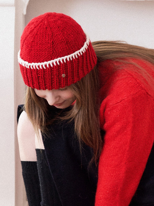 No.190 / Stitched Merino Wool Beanie _ 레드&크림