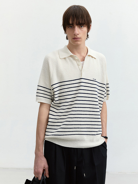 UNISEX COLLARED STRIPE KNIT CREAM_M_UDSW4B129CR