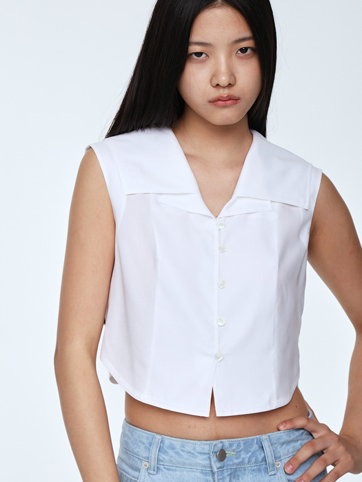 Double Collar Cropped Blouse _ White