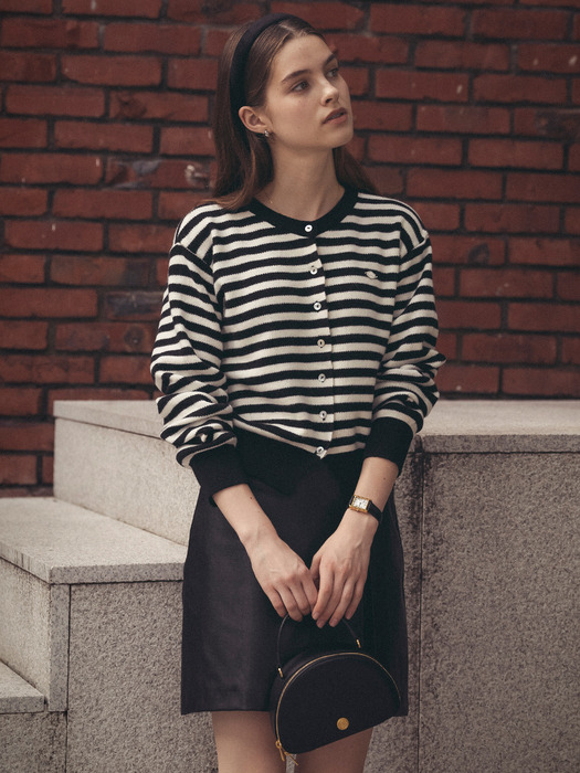 Stripe round neck wool cardigan_Black