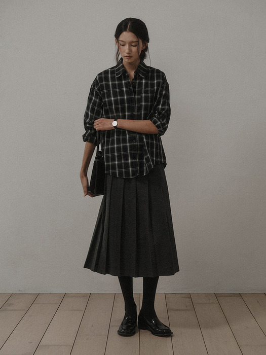 NEW WOOL PLEATS SKIRT (BELT SET)_Charcoal