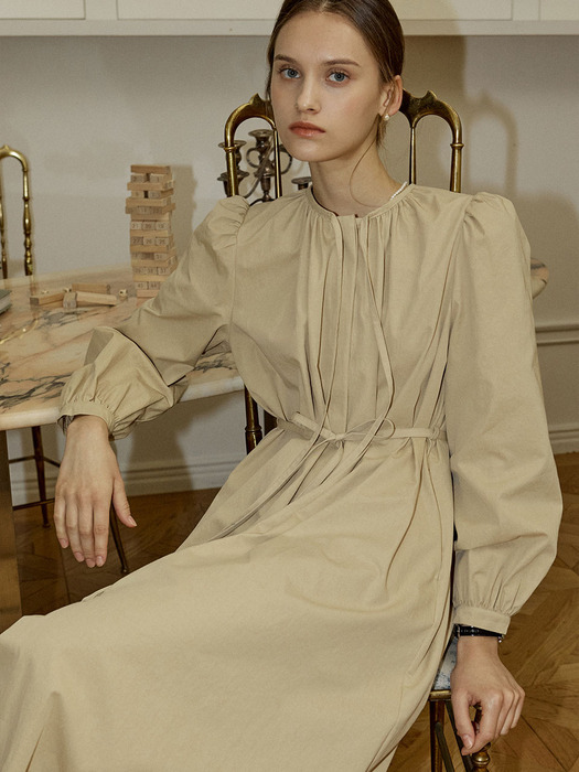 Ribbon Shirring Two Way Dress - Beige