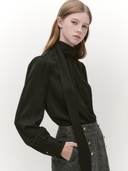 High Neck Tie Shirring Blouse BLACK