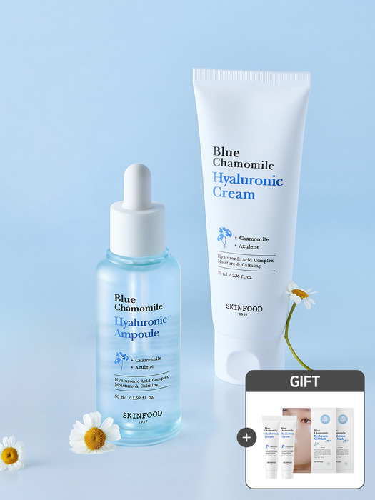 [SET/교차가능] 블루 캐모마일 히알루로닉 앰플 & 크림+증정(블루캐모마일크림15ml*2개+겔마스크2매)