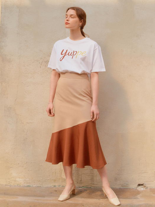 COLOR BLOCK FLARE SKIRT_BEIGE