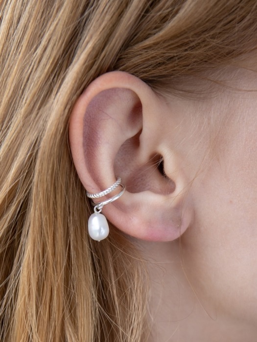 Silver Two Rail Pearl Ear Cuff