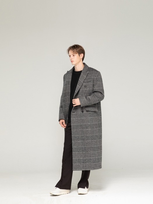 Double Peaked Wool maxi coat [ Black Check ]
