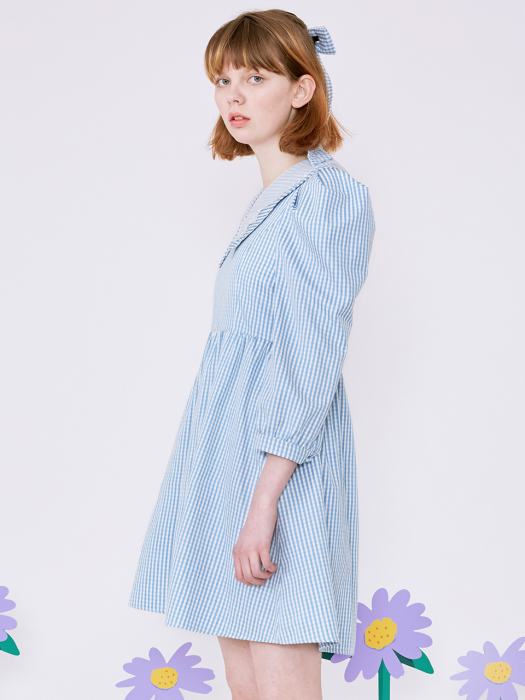 (OP-20111) CHECK PUFF-SLEEVE ONE-PIECE BLUE