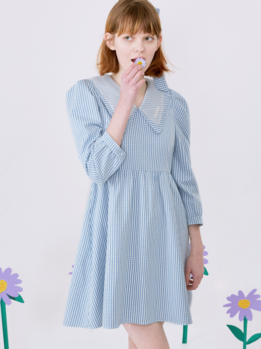 (OP-20111) CHECK PUFF-SLEEVE ONE-PIECE BLUE