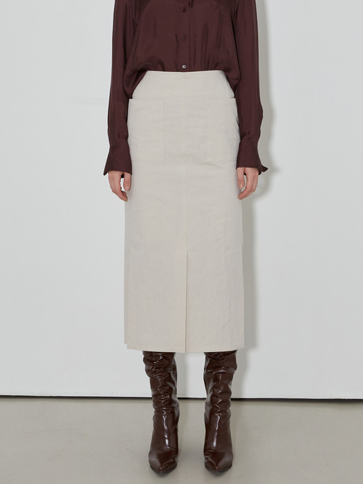 H Line Pocket Cotton Slit Skirts_Ecru