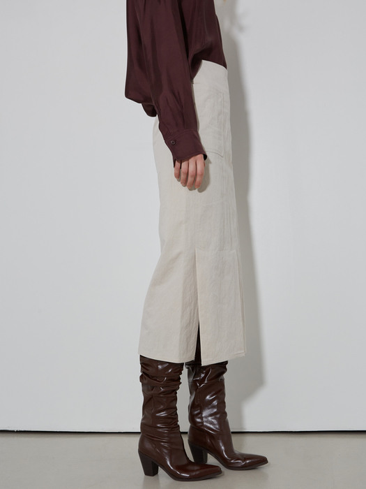 H Line Pocket Cotton Slit Skirts_Ecru