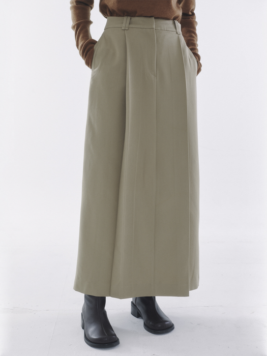 Tuck Pleats Long Skirt Beige