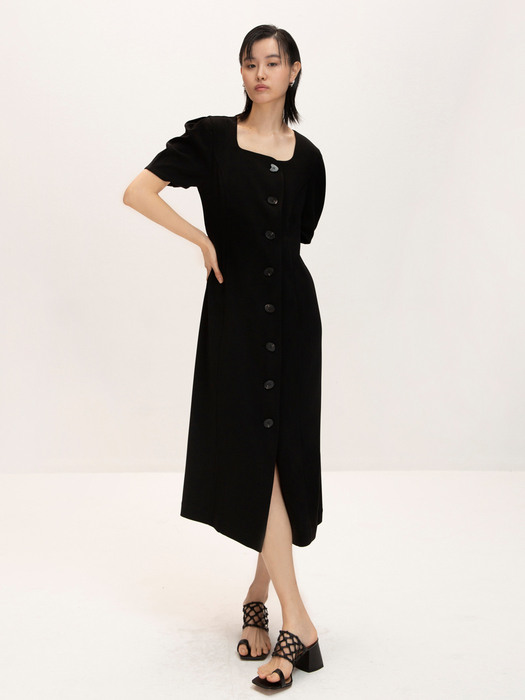 Square-neck Puff-sleeve Dress_Black