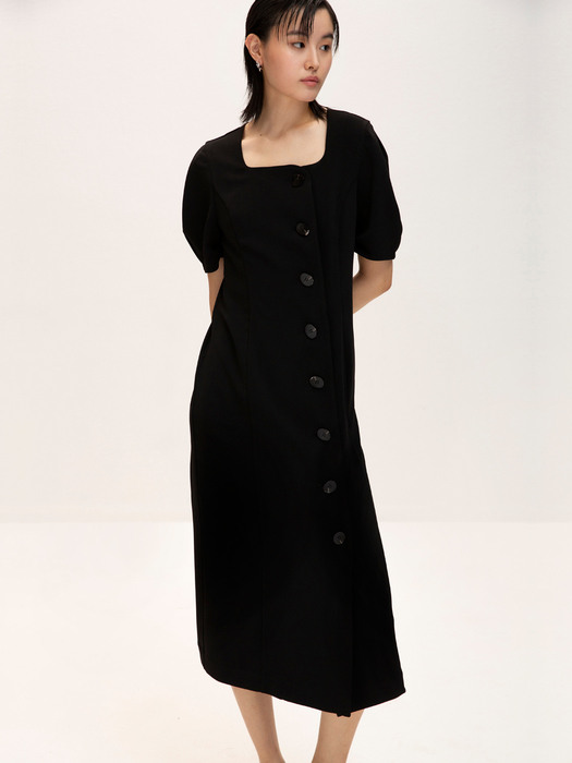 Square-neck Puff-sleeve Dress_Black