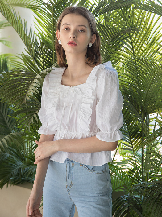 Square Neck Ribbon Blouse White