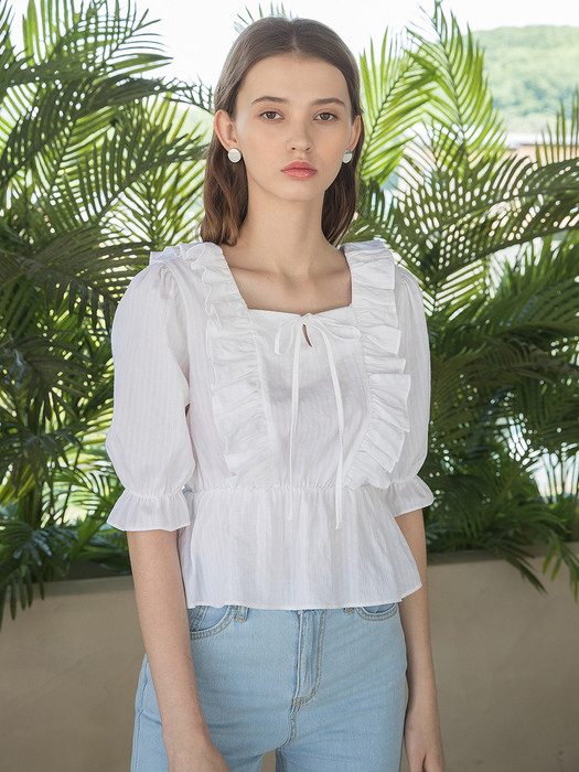 Square Neck Ribbon Blouse White