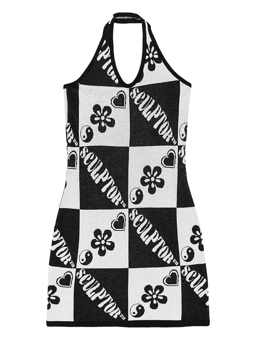 Checkerboard Halter Knit Dress Black/White