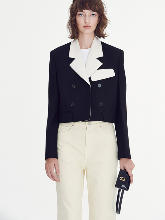 IVORY CONTRAST COLLAR SINGLE SHORT JACKET (BLACK)