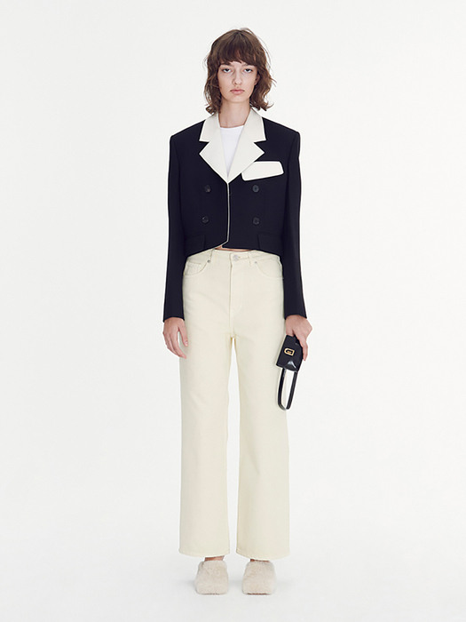 IVORY CONTRAST COLLAR SINGLE SHORT JACKET (BLACK)