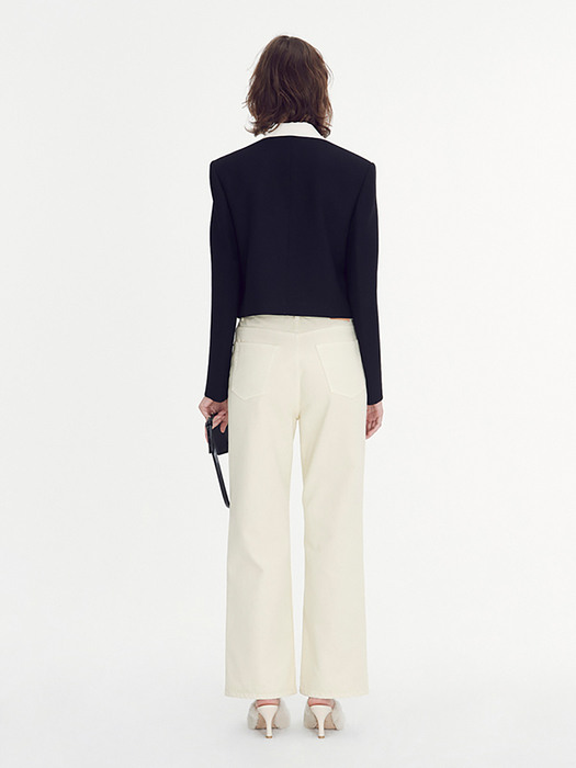 IVORY CONTRAST COLLAR SINGLE SHORT JACKET (BLACK)