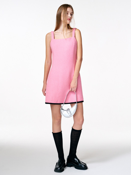 Trimmed Tweed Mini Dress, Pink
