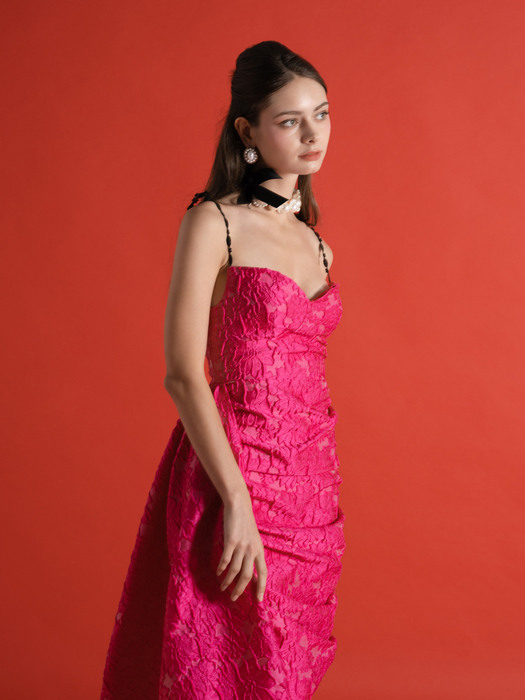 Pink Jacquard Shirring Unbalance dress