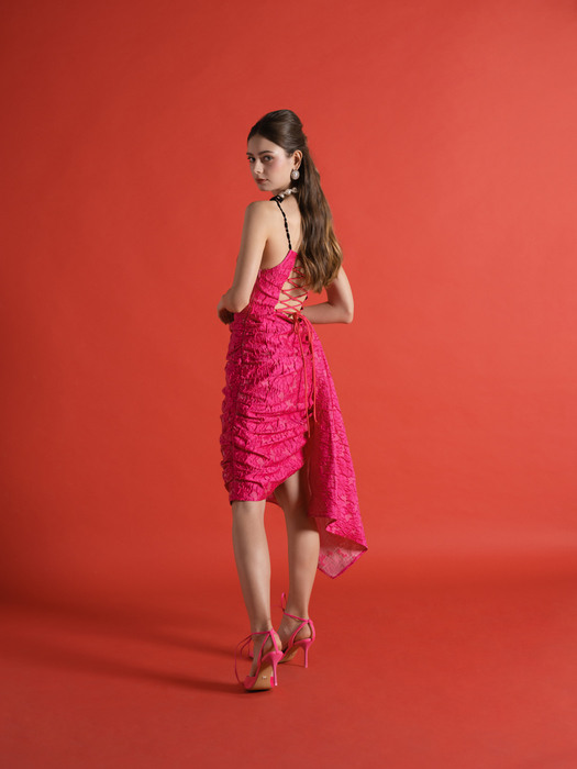 Pink Jacquard Shirring Unbalance dress