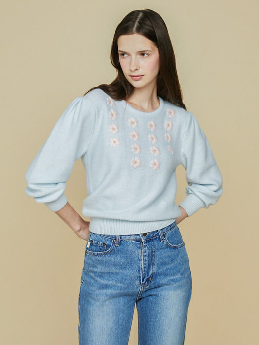 SHELLY 16 FLOWERS KNIT TOP - PASTEL BLUE