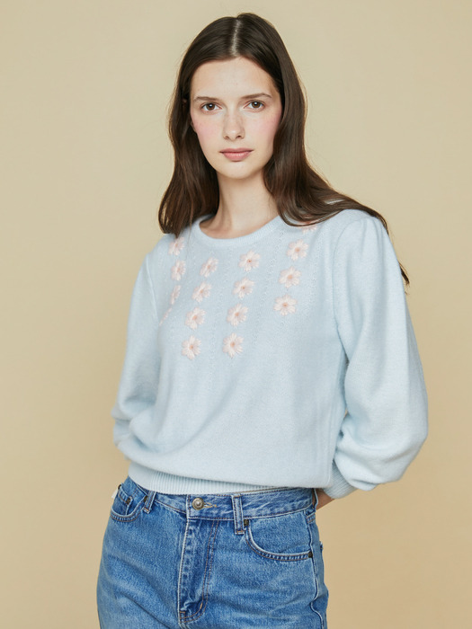 SHELLY 16 FLOWERS KNIT TOP - PASTEL BLUE