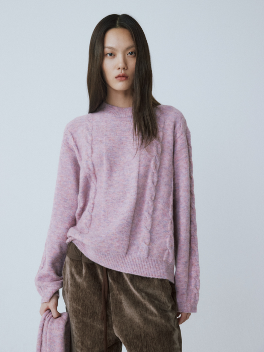 LIGHT PINK WOOL BLEND CABLE KNIT TOP