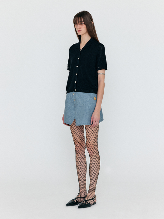 WENETA Asymmetric Front Denim Mini Skirt - Grey Blue