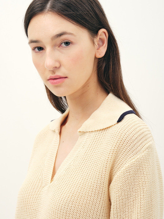 V-neck collar cotton knit top_cream