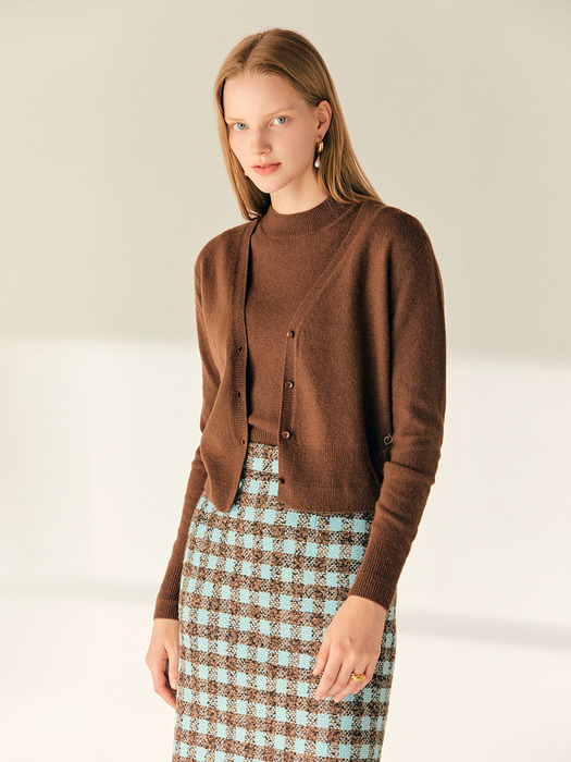 LEANNA V-neck fine wool knit cardigan (Brown)