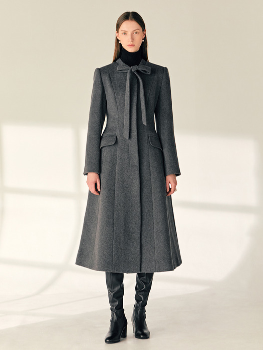 AVELINE Tie detailed A-line cashmere blended coat (Charcoal gray/Black)