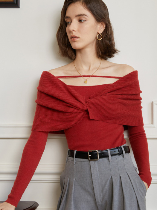 YY_Off-shoulder knit top_RED