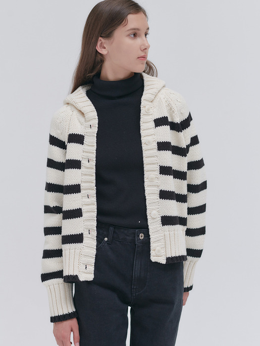 23FN cable hoody stripe cardigan [IV/ST]