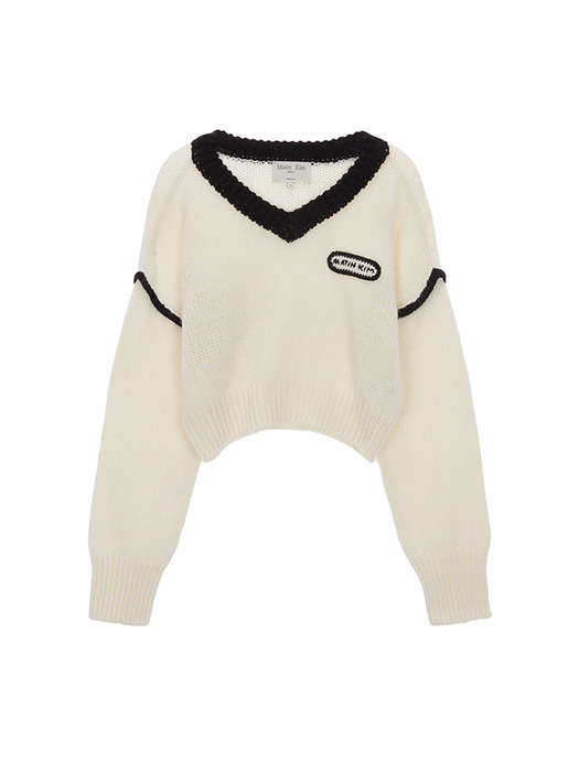 V NECK COLOR CROP KNIT PULLOVER IN IVORY