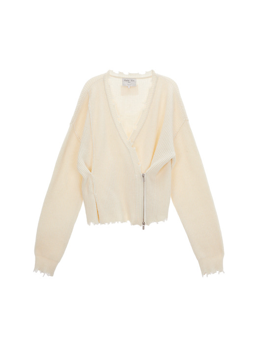 PINCHED TWO WAY KNIT ZIP CARDIGAN IN IVORY