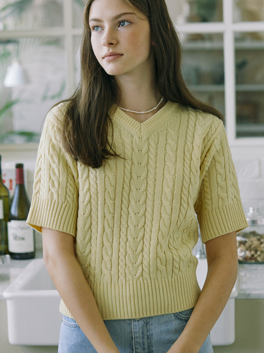 V-neck Cable Half Sleeve Knit - Butter Yellow