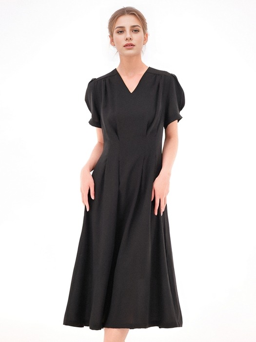 V neck Linen Dress _Black