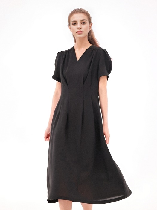 V neck Linen Dress _Black