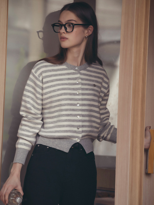 Stripe round neck wool cardigan_Light gray