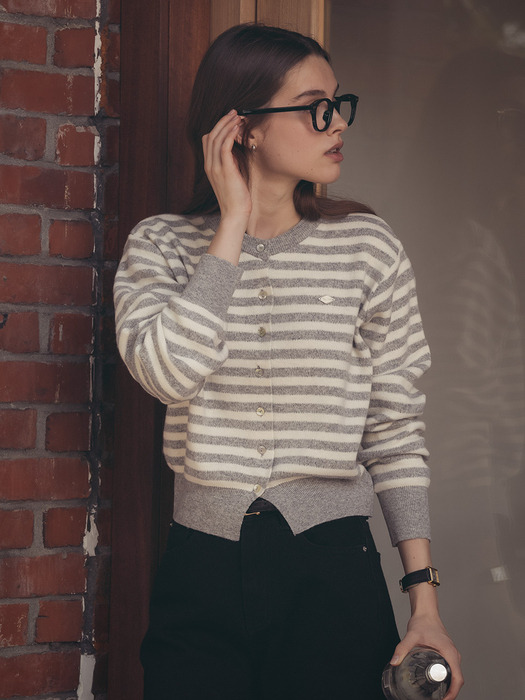 Stripe round neck wool cardigan_Light gray