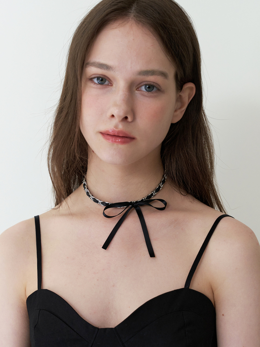 ribbon point chain choker necklace - black