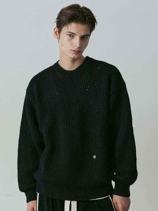 Wool Punching Crew Neck Knit (Black)