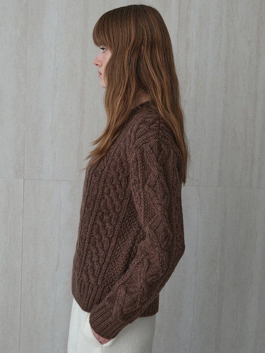 shaggy hair aran knit (melange brown)