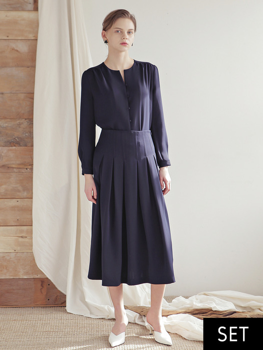 ROUND COLLAR BLOUSE+TUCKED A-LINE SKIRT SET (NAVY)