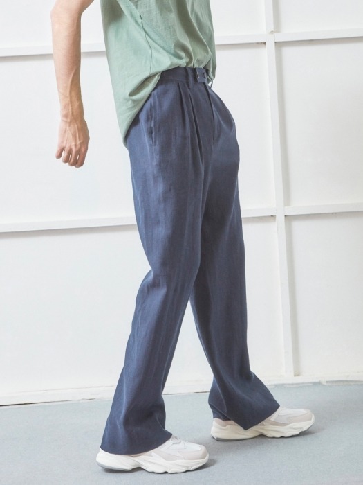 LINEN DOUBLE BUTTON WIDE PANTS NAVY