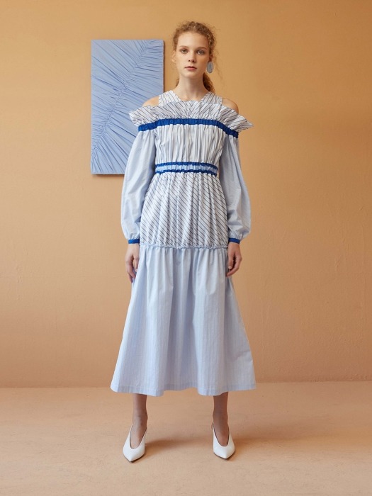 Sky Blue Stripe Cold-Shoulder Midi Dress