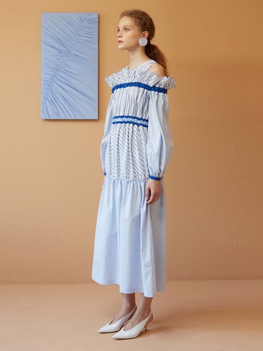 Sky Blue Stripe Cold-Shoulder Midi Dress